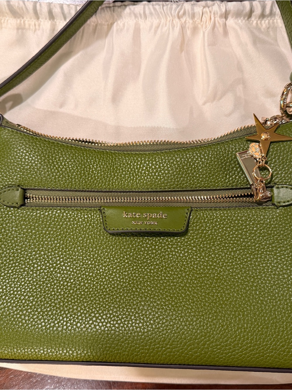 kate spade Olive Green Pebbled Leather Shoulder Hobo with Gold Accents
